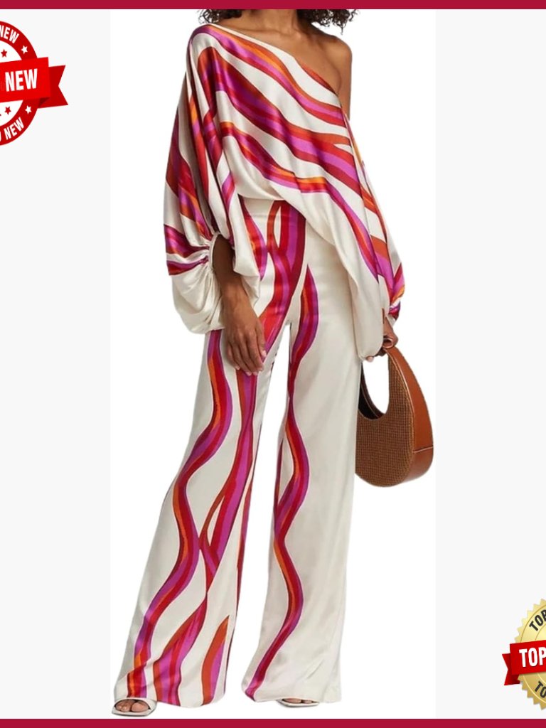 Women's Off Shoulder Long Sleeve Top Wide Leg Pants Set Satin Tracksuit